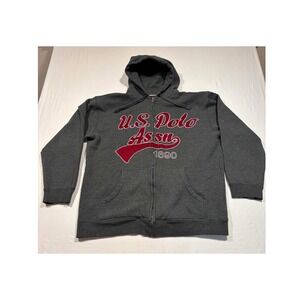 US Polo Assn Mens Full Zip Hoodie Charcoal Gray Red Logo Fleece Sweatshirt XL